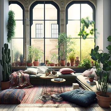 Boho style interior design, a warm colored living room. Generative AI
