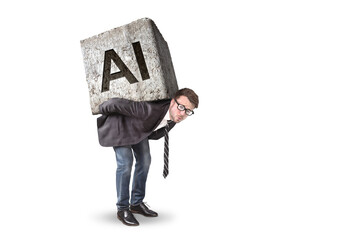 Businessman struggling under an AI-labeled stone on his back
