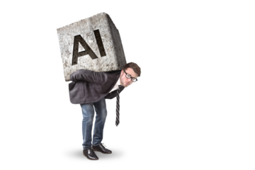 Businessman struggling under an AI-labeled stone on his back