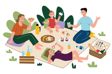 Family relaxing on picnic, adults and children eating and drinking outdoors, hand drawn vector composition, vector cartoon characters, kids having fun outside, food and snacks on picnic blanket