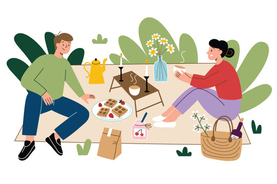 Young couple having a picnic outdoors, hand drawn composition with cartoon man and woman on date in nature, doodle icons of picnic blanket and basket, lovers relaxing outside, vector illustrations