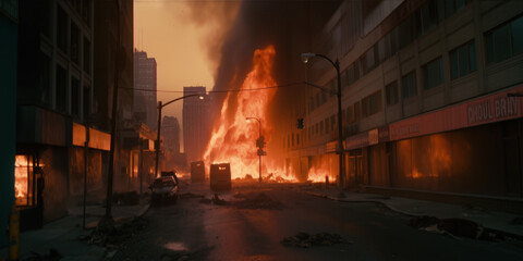 A burned city street  generative ai scene