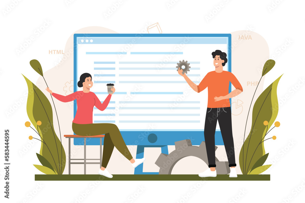 Poster programing software color concept with people scene in the flat cartoon style. team of software spec