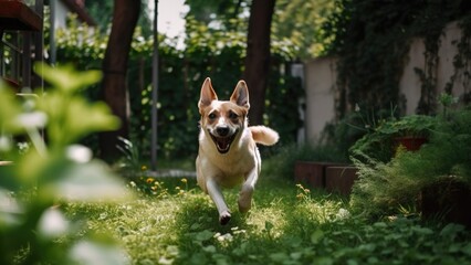 Happy dog ​​playing in summer backyard