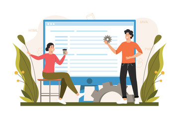 Programing software color concept with people scene in the flat cartoon style. Team of software specialists discuss modern methods of creating software. Vector illustration.