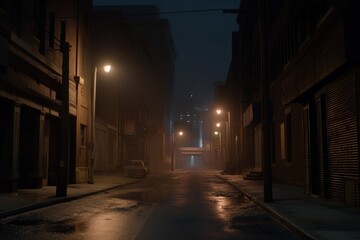 Fototapeta na wymiar Misty fog empty alley at dim light generative ai illustration