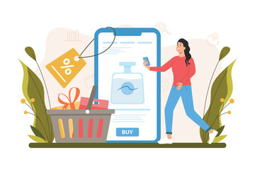 Shopping color concept with people scene in the flat cartoon design. Girl buy a lot of cosmetics with a discount on the online store. Vector illustration.