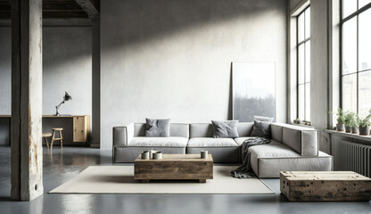 Fototapeta na wymiar Modern minimalist interior luxury contemporary living room, confortable indoor, city apartment, grey accents, with plant. Natural light in Urban loft in the morning - generative ai 