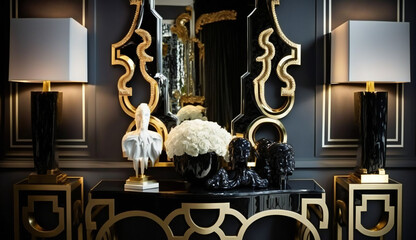 Fototapeta na wymiar Modern luxurious golden interior architectural room , antique style decoration, table mirror luxury design - generative ai 