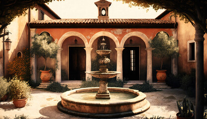 Fototapeta na wymiar Mediterranean courtyard exterior Italian style in the villa, with fountain and lanterns in the afternoon, orange greenish colors - generative ai