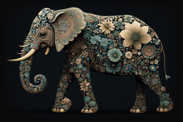 Floral Elephant On Black Isolated Background, Generative Ai