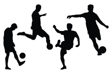 Football silhouette illustration  players, goalkeeper, team champion with cup, soccer ball in various poses, vector isolated on white background
