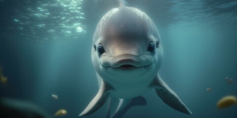 Fototapeta premium a cute adorable baby dolphin character in nature in the style of children-friendly cartoon animation fantasy generative ai 3D style Illustration 