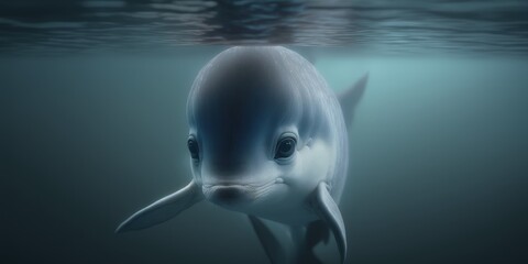a cute adorable baby dolphin character in nature in the style of children-friendly cartoon animation fantasy generative ai 3D style Illustration	
