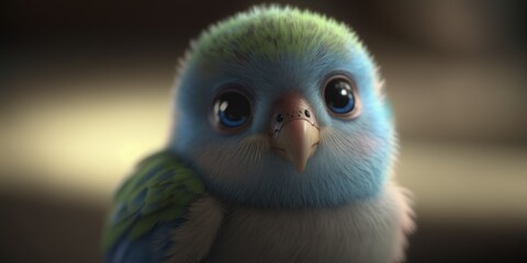 Obraz premium A cute adorable baby bird 3D Illustration flying in cloud in the style of children - friendly cartoon animation fantasy style