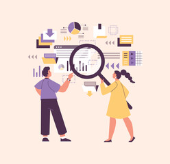 Man and woman with magnifier analyzing data, flat vector illustration isolated on yellow background.