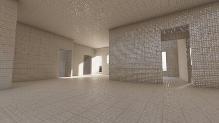 alone in empty building liminal space 3d render