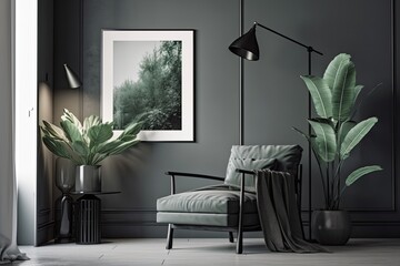 Realistic image of a black lamp and green recliner in a grey living room with a white, blank poster and potted plants. Generative AI