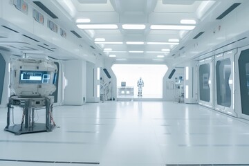 Fototapeta premium Sci-fi futuristic empty workspace with white sleek reflective floors generative ai