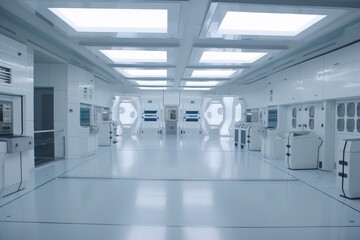 Naklejka na ściany i meble Sci-fi futuristic empty workspace with white sleek reflective floors generative ai