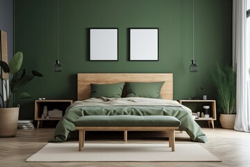 With a bed, sideboard, mirror, painting, and fashionable personal accessories made of wood, modern home design has elegant features. a green wall. Poster mockup. Template. Generative AI