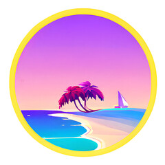 Fototapeta na wymiar Summertime vector banner design with a white circle and colorful beach elements 