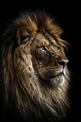 Naklejka premium Lion head portrait on black background - Generative AI