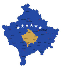 Kosovo highly detailed political map with national flag isolated on white background.