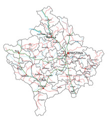 Kosovo road and highway map. Vector illustration.
