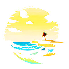Summertime vector banner design with a white circle and colorful beach elements 
