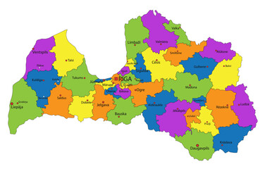 Colorful Latvia political map with clearly labeled, separated layers. Vector illustration.