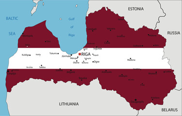 Latvia highly detailed political map with national flag isolated on white background.