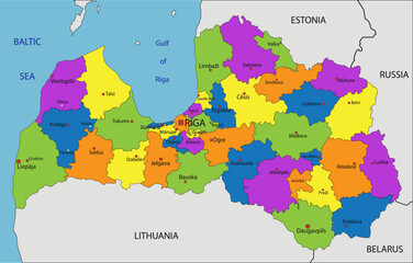 Colorful Latvia political map with clearly labeled, separated layers. Vector illustration.