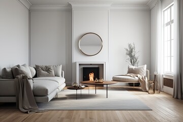 Interior of a white, wood floored, fireplace equipped living room with a gray sofa next to a round coffee table. a mockup. Generative AI