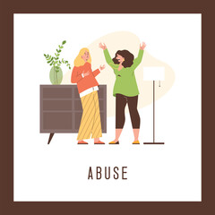 Women fighting and shouting, abuse in relationship - poster template, flat vector illustration.