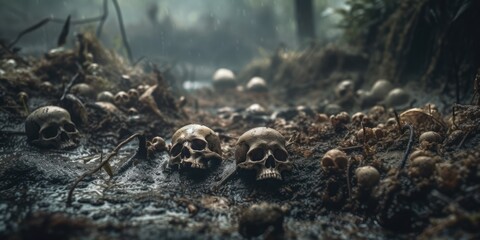 Skeletal remains of fallen warriors of war, human skulls and bones embedded in dirty wet rainfall swamp mud, death and decay, mass grave horror - generative AI - obrazy, fototapety, plakaty