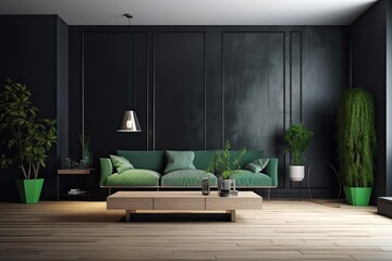 a contemporary mockup of a furnished empty living room with a black wall background texture,. Generative AI