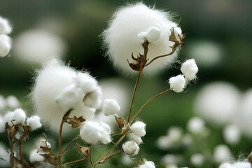 Ripe cotton flowers on green background of real nature., created with generative ai