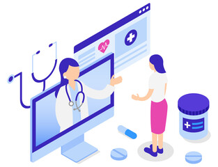 オンライン診療で受診する女性のアイソメトリックイラスト