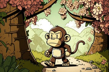 monkey in nature cartoon illustration for kids and children's book generative ai artwork
