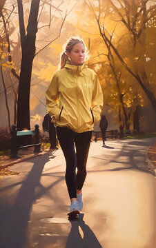 Expressive oil paint style portrait of a woman walking through a city park. Generative AI
