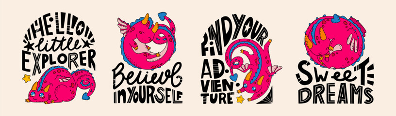 Set with Childish illustrations with a cute baby dragon and a phrases. Design of children's clothing, typography and interior items. Symbol of the Chinese year of the dragon 2024. Vector illustration.