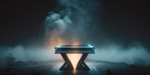 futuristic empty podium stage with Smoke and neon light generative ai sci-fi alien stand platform