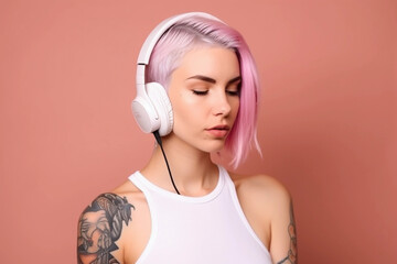 A woman with pink hair wearing headphones Generative AI