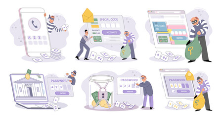 Hacker activity. Hacking computer. Phishing account, steal data, cyber attack. Stealing password. Cyber crime, theft personal information, cyber security spy access. Internet fraud scenes set metaphor