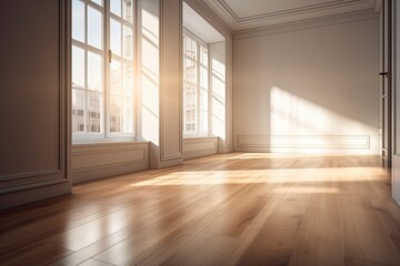 Fototapeta premium White Plinth and Light Glossy Parquet Floor in an Empty Interior Corner with Light Beige Walls. A perspective. with a Window Work Path. 300 dpi, 7680x4320, and 8K Ultra HD. Generative AI