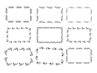 Set of rectangular floral frames, hand drawn line square flower frames clip art vector illustration isolated