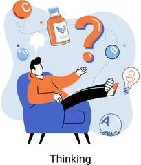 Puzzled pensive man sitting in chair and thinking, finding solutions. Thoughtful questioned worried person pondering and doubting. Brainstorming, idea and fantasy, motivation and inspiration