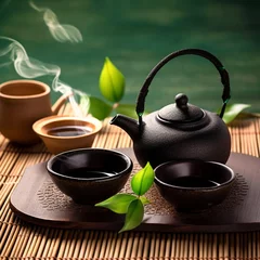 Foto op Aluminium Asian tea set. Japanese teapot and cups on bamboo mat. generative ai. Hot tea in pot and teacups © Aquir