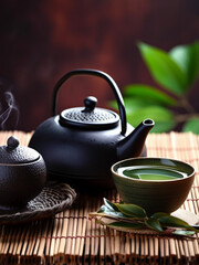 Obraz na płótnie Canvas Asian tea set. Japanese teapot and cups on bamboo mat. generative ai. Hot tea in pot and teacups